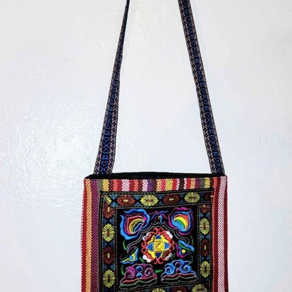 Boho Look Embroidered Beaded Fringed Flat Shoulder Tote Bag